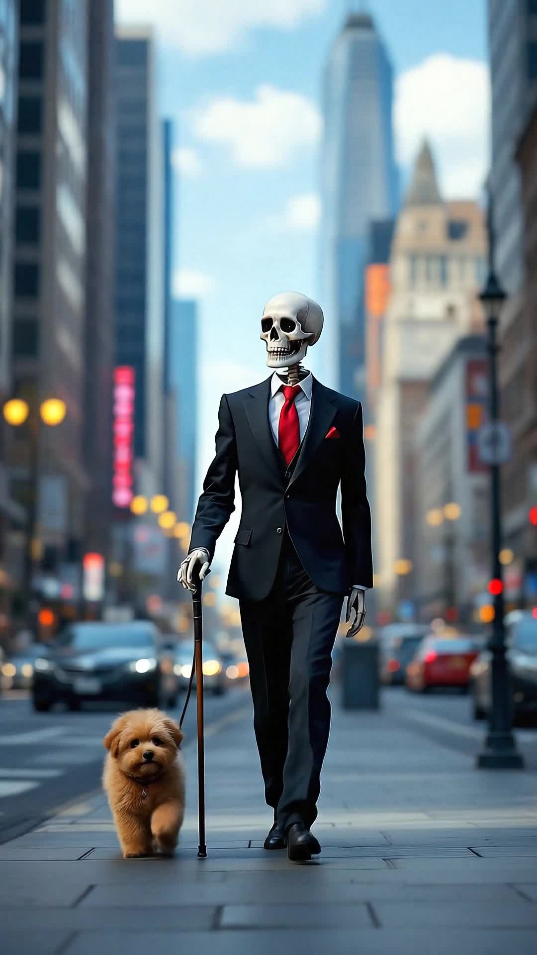 A skeleton walking his dog on a city sidewalk talking about what a beautiful time of the year it is