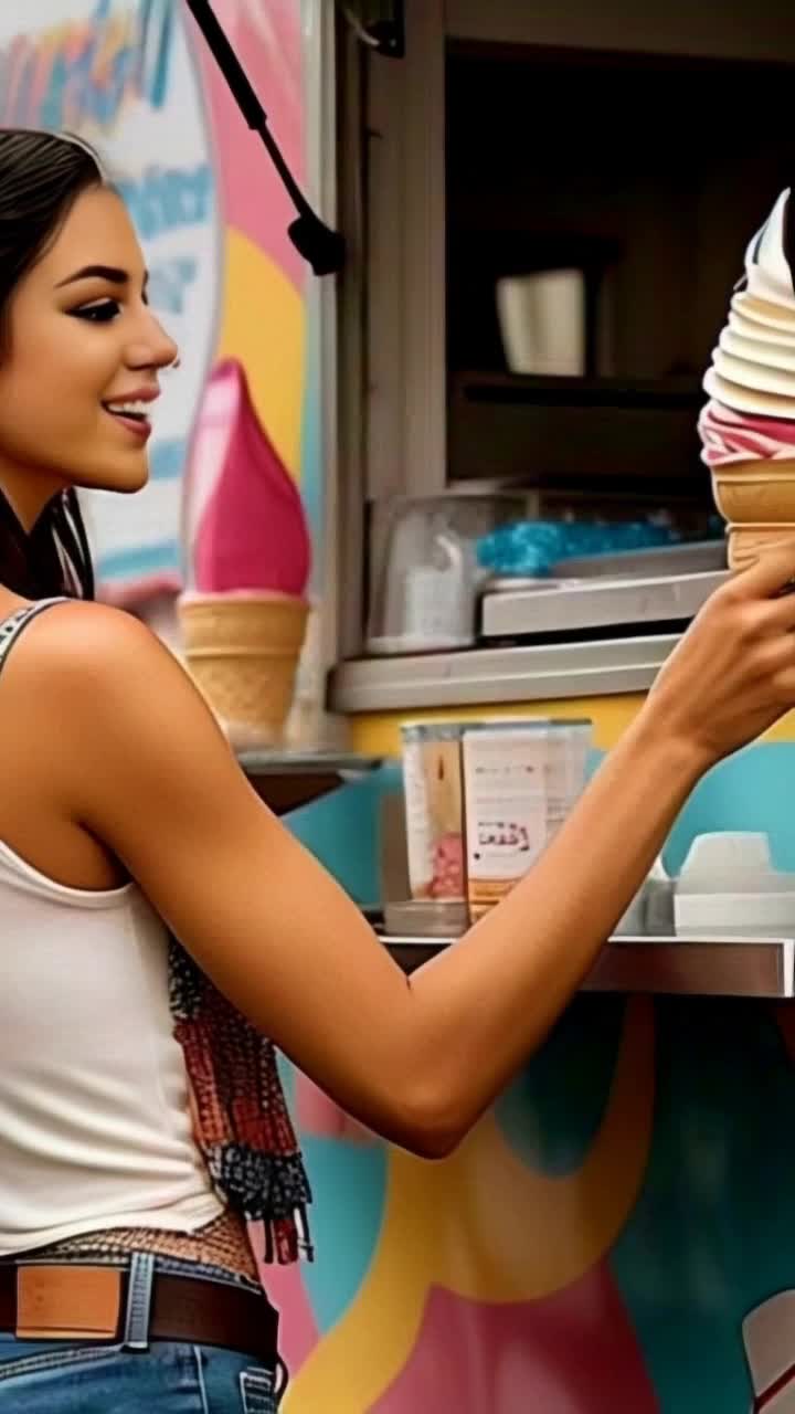 Elegant bohemian woman radiating grace with flowing dark hair cascading down her shoulders cradling a colorful ice cream cone   Delighting in each creamy bite while twirling playfully spinning in a sunlit park  Vibrant ice cream truck adorned with whimsical designs parked nearby surrounded by blooming flowers butterflies dancing in the warm breeze