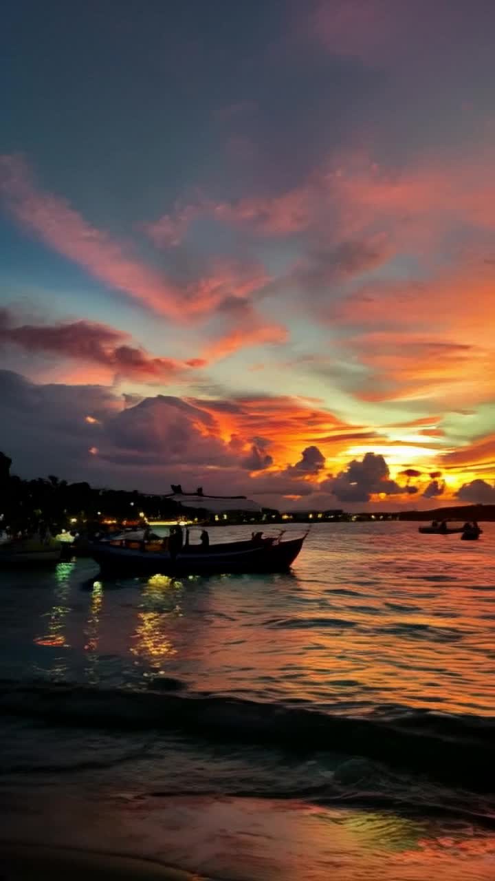 Vibrant sunset hues paint Manila Bay skyline silhouettes of gently rocking boats shimmering water sparkles illuminated lanterns fill the air with warmth couples strolling hand in hand share soft whispers laughter dances in evening breeze as festive lights twinkle above radiating joy tropical palm trees sway gracefully under the velvety twilight sky adding romance to serene atmosphere soft waves lap at shore creating a soothing soundtrack to this enchanting night scene