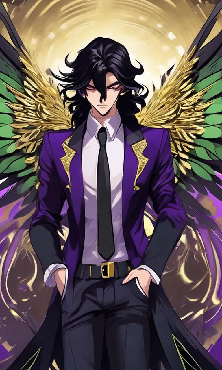 Male fallen angel with striking hazelgreen eyes fair skin long black hair cascading to midback confident stance in a divine outfit of dark purple green violet adorned with shimmering gold feather details Black feathery wings adorned with gold accents spread wide creating a captivating silhouette exuding an aura of mysterious elegance charm infused with stylized artistry reminiscent of animated series Hazbin Hotel vibrant colors intricate details enchant the viewer surrounded by a celestial backdrop of twinkling stars and ethereal clouds casting a magical glow illuminating the scene inviting admiration and intrigue