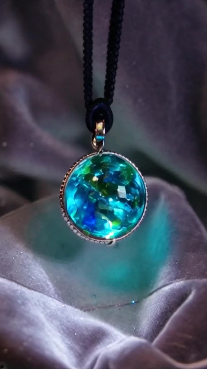 Miniature Earth radiating vibrant blue and green hues swirling gracefully within a sparkling round gemstone pendant glistening in the light mesmerizing dance of colors reflecting off facets pendant suspended against a backdrop of soft velvet enveloping the scene in richness enchanting glow illuminating intricate details of the jewel delicate hints of sparkling stardust drifting through the darkness surrounding pendant evoking a sense of wonder and cosmic beauty