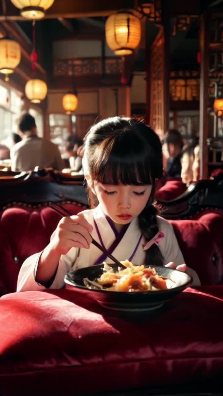Japanese girl with expressive eyes tears streaming down her cheeks delicately grasping steaming dim sum with chopsticks savoring each bite savoring flavors bursting with nostalgia Inside a cozy bustling dim sum restaurant adorned with vibrant lanterns and intricate woodwork warm light casting gentle shadows on velvet cushions eager patrons chatting animatedly in the background