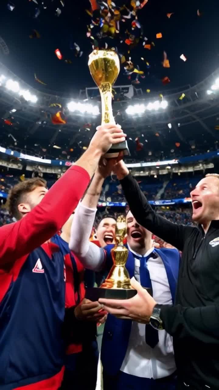 Championship-winning team of diverse athletes celebrating victory with wide smiles and triumphant shouts raising sparkling trophy above heads Evocative energy pulses through the crowd as confetti rains down in a vibrantly colored stadium packed with passionate fans under bright stadium lights