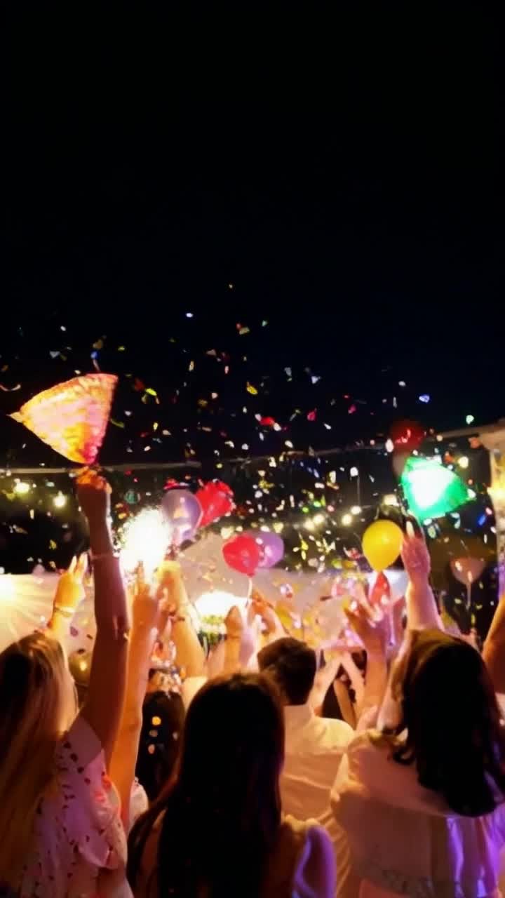 Colorful confettifilled party poppers burst open erupting with vibrant streams of glittering colors Revelers dressed in festive attire cheer joyfully as they throw their hands in the air Underneath dazzling string lights a whimsical garden adorned with balloons and banners creates an enchanting atmosphere filled with laughter and celebration