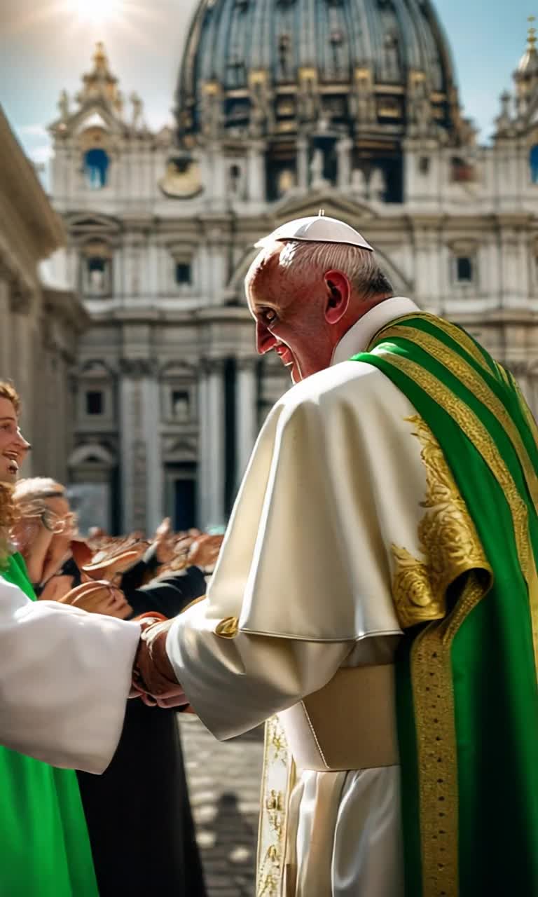 Pope adorned in traditional white robes radiant with golden embroidery shaking hands with a vibrant green alien wearing a cardinals outfit featuring intricate red patterns An aura of mutual respect and curiosity is palpable as they exchange warm smiles Majestic St Peters Basilica looms in the background illuminated by sunlight casting intricate shadows through its towering columns Swirling crowds of fascinated onlookers gathering around capturing the historic moment on their devices Ornate mosaics glimmer in the sunlight showcasing artistry that blends ancient and modern worlds in this extraordinary encounter filled with wonder and unity