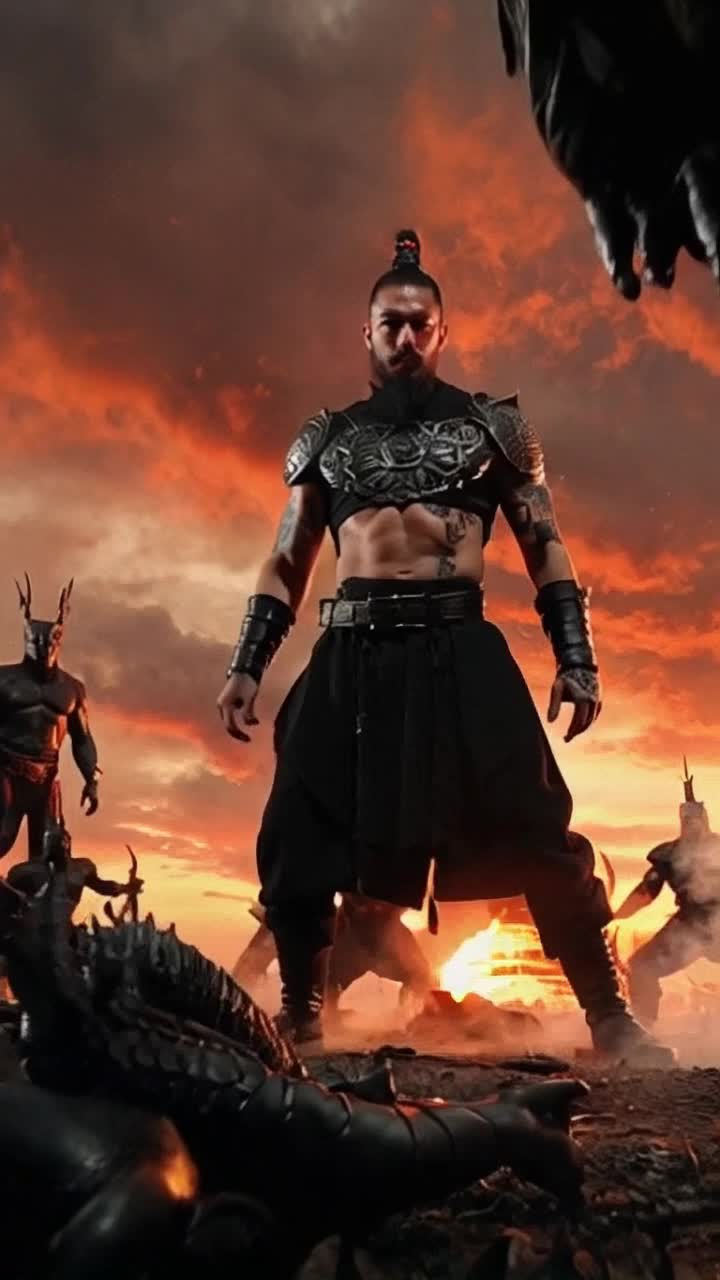 Fierce warrior in sleek black attire showcasing intricate tattooed patterns skilled in martial arts dismantling formidable evil demons with precise strikes and agile flips striking powerful poses flexing chiseled muscles against a dramatic low-angle perspective highlighting a fiery sunset illuminating a battlefield strewn with vanquished foes creating an atmosphere of hard-won triumph and heroism rising smoke swirling around emphasizing the stakes and intensity of his quest
