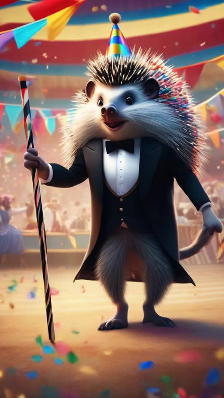 Dapper anthropomorphic porcupine in elegant black tuxedo strutting confidently while twirling a stylish walking stick Vibrant Big Top circus tent looms majestically above with colorful stripes and fluttering flags bright confetti spirals through the air reflecting sunlight creating a lively festive atmosphere