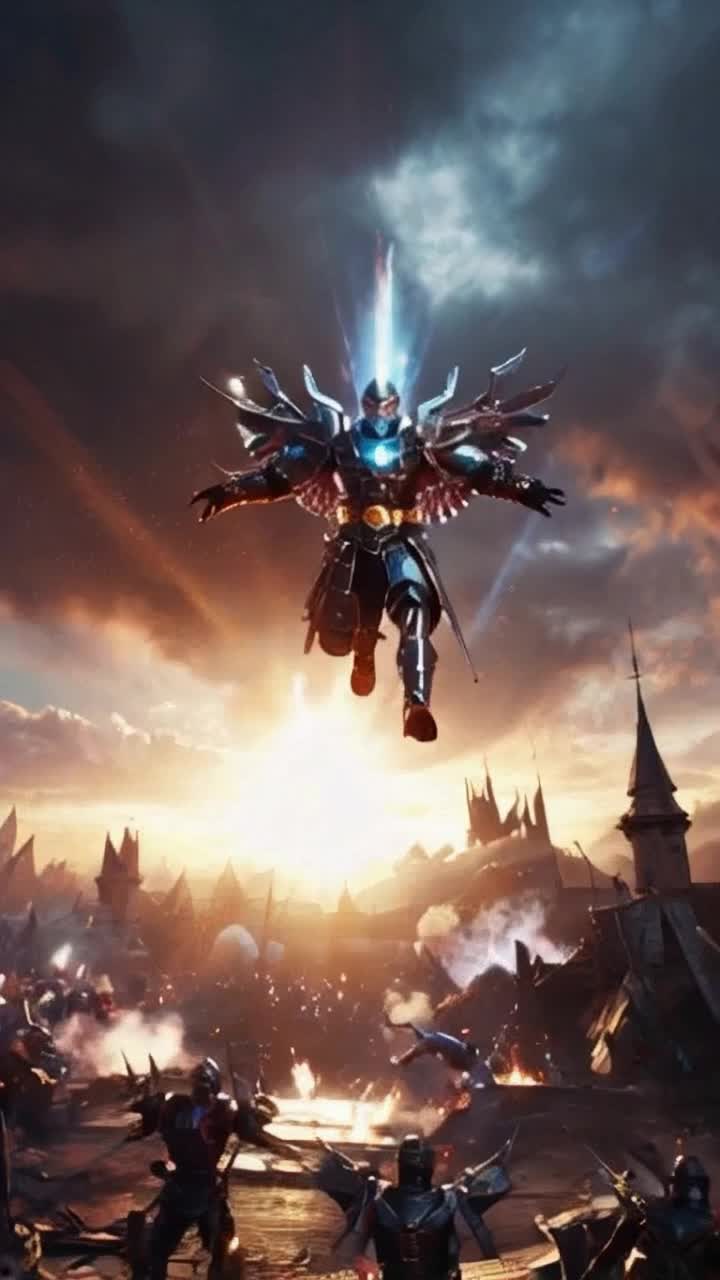 A lone warrior clad in shimmering Armor of Light soaring through the air streaks of radiant colors illuminating his path vibrant reflections dancing across his armor chaos unfolding below with battlegrounds of clashing warriors smoke rising from explosions jagged rooftops framing the heroic leap electrifying atmosphere pulsating with urgency while the sun sets casting golden hues over the scene magical energy swirling creating a sense of hope amidst despair
