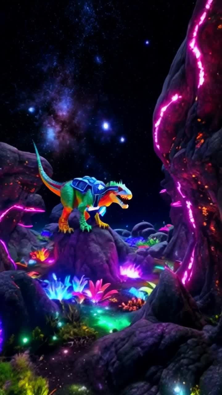 Colorful dinosaur in a futuristic space suit explores an alien landscape with vibrant, multicolored flora and glowing rocks Clumsy yet curious movements as it navigates through strange, twisting formations Dark starry sky filled with swirling galaxies and pulsating nebulae overhead creates an otherworldly atmosphere