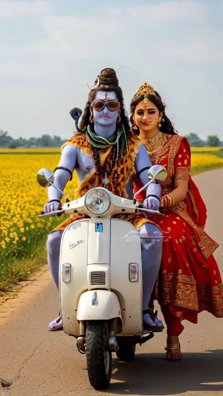 Two enchanting characters cruising gently on a vibrant scooty adorned with twinkling fairy lights, soft smiles illuminating their faces, hair flowing in the breeze Emotion pulses as they share whispered secrets and playful glances Sun begins to set, casting a golden hue over the serene landscape of lush green hills and blooming wildflowers, shadows growing long, as butterflies flit around them, creating a magical atmosphere Soft music drifts through the air, enhancing the romantic ambiance, while distant silhouettes of trees sway gently in the twilight, harmonizing with their affectionate journey through the enchanting evening