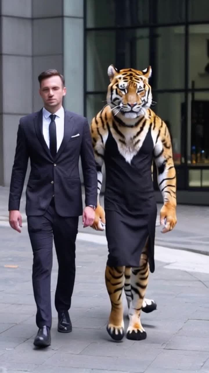Generate a video of elon musk walking in the street of New York with a tiger shaped body builder creature in black dress 