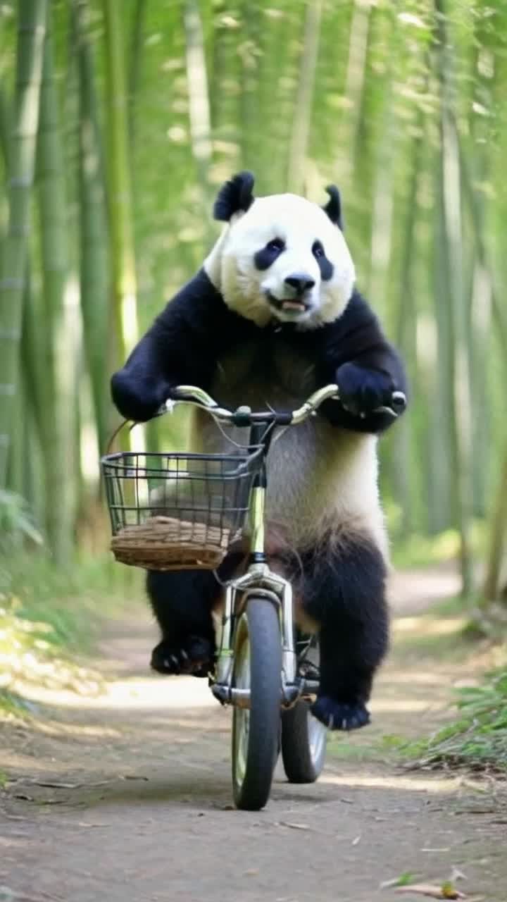 Fluffy panda expertly balancing on a shiny unicycle  Joyfully pedaling forward with playful determination  Vibrant green bamboo forest flourishing under soft sunlight