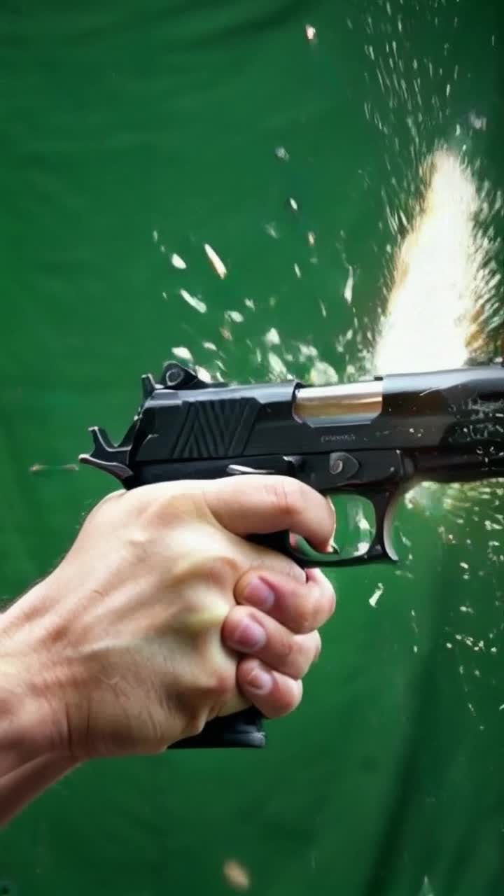 Hands gripping a sleek black firearm veined with intricate engravings, finger curling tightly around the smooth trigger, Action trigger pressed slowly causing a deafening explosion as bullets shimmer and fly gleaming in slow motion Background vivid chroma key green screen accentuates action shattered glass emerging as bullets collide splintering outward with radiant crackling lines pulsating creating an illusion of reality fracturing in the viewers face