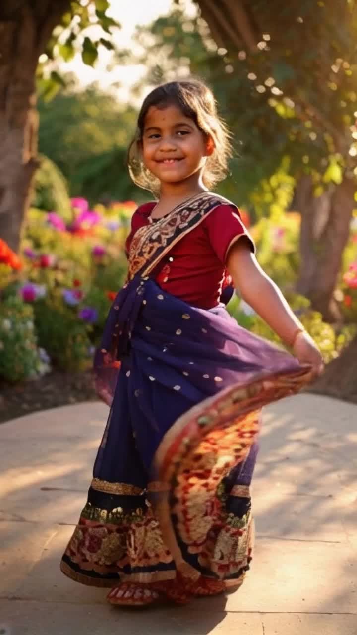 Graceful girl twirling in a vibrant flowing saree adorned with intricate patterns Radiant smile illuminating her face as she spins effortlessly to enchanting melodies Lush garden bursting with colorful blooms warm sunlight filtering through swaying trees gentle breeze rustling leaves creating an ethereal atmosphere