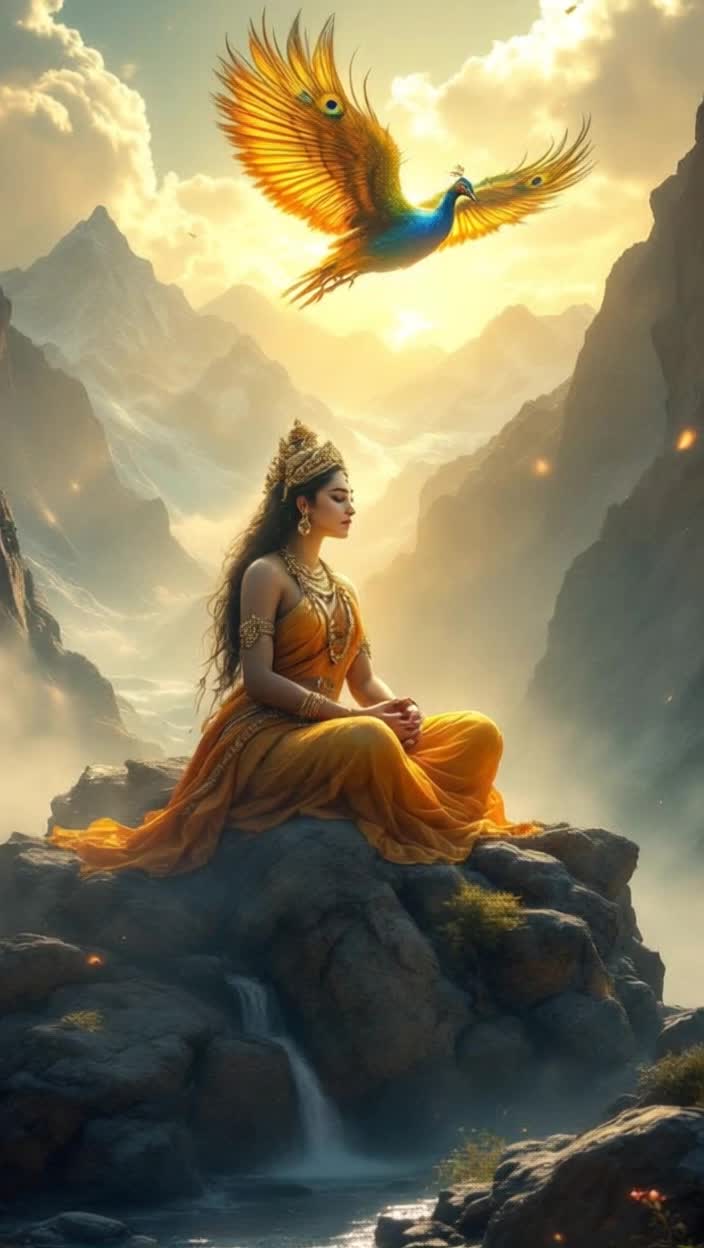 Heres a reel script for your given sceneReel Script Goddess SkandamataDuration 2025 secondsMusic Calm, melodious, and divine instrumental music such as a flute or veenaAudio Gentle sound of wind, slow sound of a waterfallShot 1 05 secondsScene The camera slowly pans upward, with rays of golden sunlight streaming down through the clouds A wide shot of the majestic and serene peaks of the HimalayasText on screen The fifth day of NavratriShot 2 512 secondsScene The camera zooms in Goddess Skandamata is seated on a rock Her face is extremely calm and compassionate She holds her son, Skanda, in her lap, who looks up at her Focus on the tenderness and peace of motherhood in this shot Shot 3 1218 secondsScene Suddenly, a huge and majestic peacock flies into the frame, its wings spread Iridescent colors shine on its feathers, and its flight casts a golden glow in the air The camera follows the peacocks graceful flightShot 4 1825 secondsScene The camera again shows the entire divine scene  Goddess Skandamata, her son, and the flying peacock High mountain peaks and waterfalls are clearly visible in the background This shot is a powerful blend of peace, strength, and loveText on screen Mother Skandamata Symbol of motherhood, strength, and loveMusic The music slowly fades out