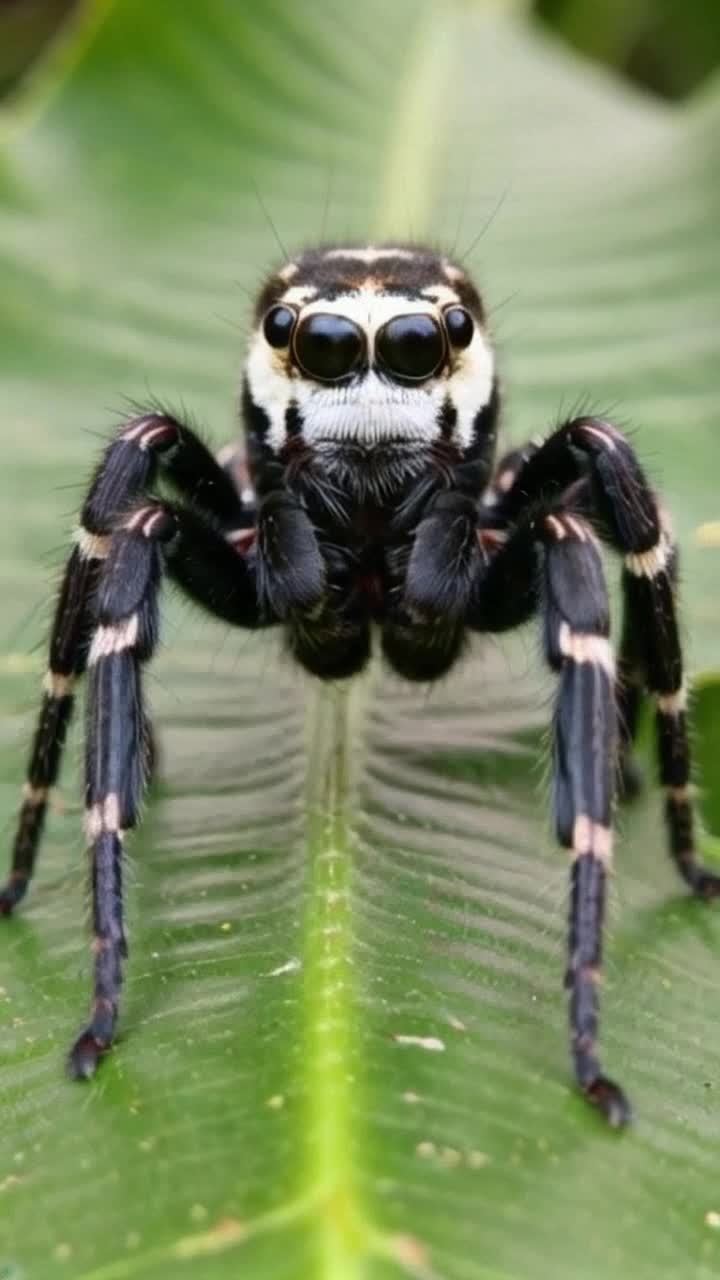 Full body image close up of a black jumping spider with white face, cute and fluffy mimelike thick white stripes on its body as it stands on an elephant ear leaf, looks around cartoonishly 