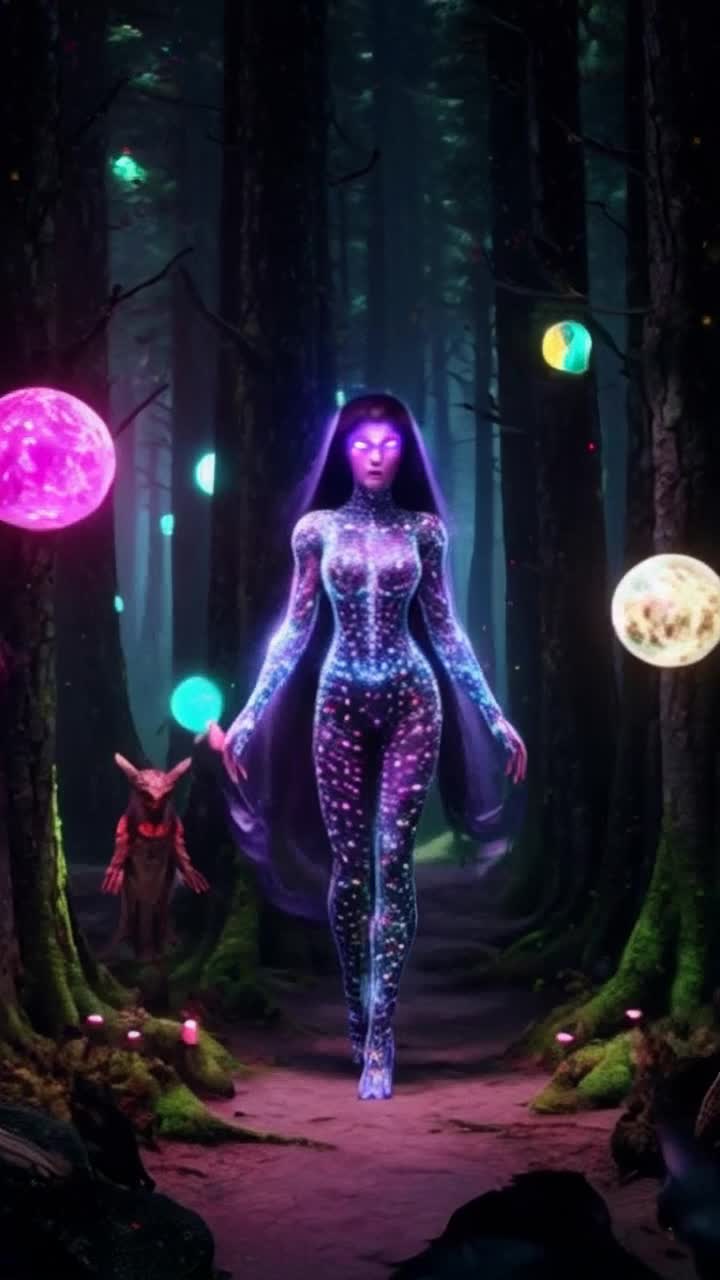 Surreal 4k painting of a beautiful alien princess with expressive lilac eyes and cosmic features Her skin appears to be composed of intertwined bioluminescent particles, surrounded by neon lights and floating, colorful orbs in a fantastical forest environment, with exotic animals creating a mesmerizing and otherworldly atmosphere, cinematic composition