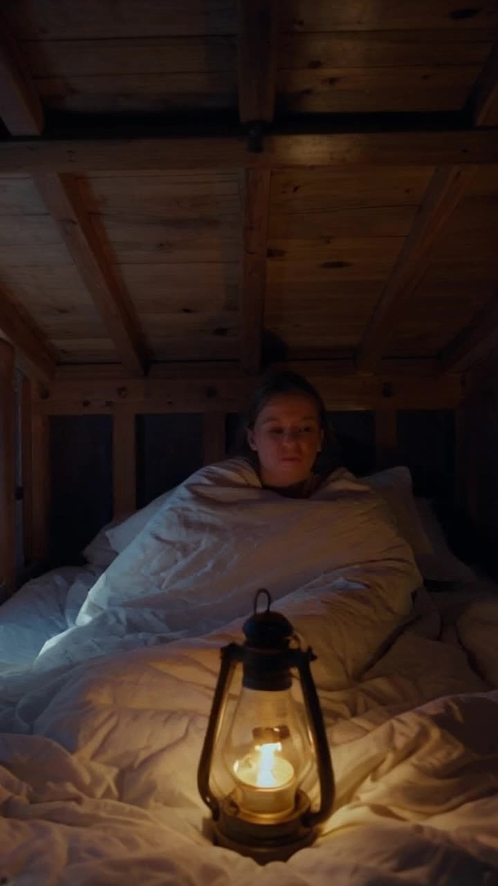 POV shot from the eyes I open my eyes to see the wooden ceiling of my small lighthouse quarters My hands push back a rough wool blanket as I sit up in bed The sound of crashing waves echoes outside I turn my head toward a flickering oil lantern on the nightstand