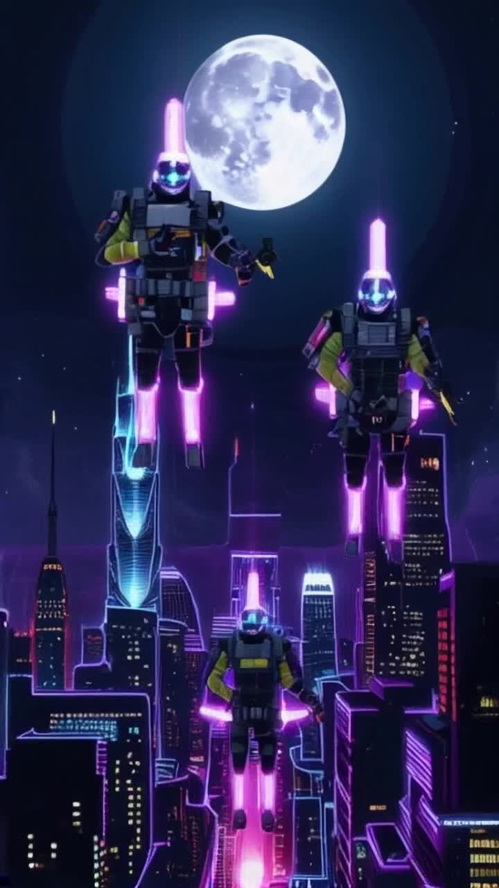 Four Ghostbusters and theyre backpack plasma guns are flying by just above them looking down to different tone depths Cyber Ape Neon Nights Urban Pop Art Poster Futuristic Gorilla Illustration HighResolution Digital earfare