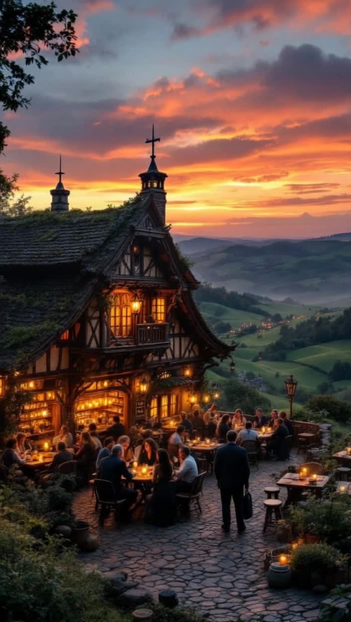 Grandiose old tavern adorned with intricate woodwork and flickering candlelight Radiating warmth and charm as patrons gather sharing laughter and stories Surrounded by lush green rolling hills under a vibrant sunset sky
