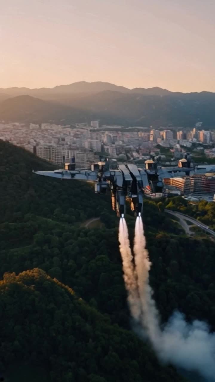 Gigantic metallic behemoths glimmering in sunlight unleashing a flurry of sleek metallic drones soaring through azure skies with electrifying velocity trailing wisps of smoke toward a distant shimmering metropolis surrounded by rugged mountains and lush greenery flickering with energy and anticipation as the evening sun casts dramatic shadows illuminating their rapid descent