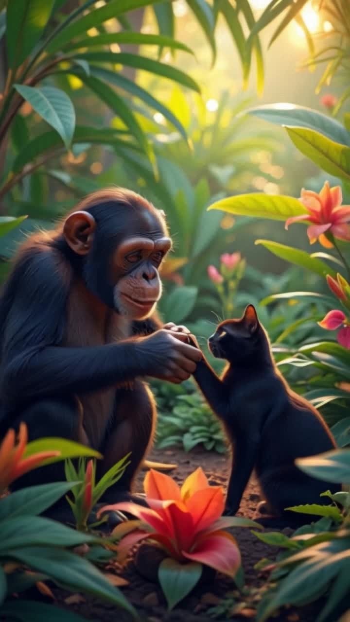 Chimpanzee and cat shake hands