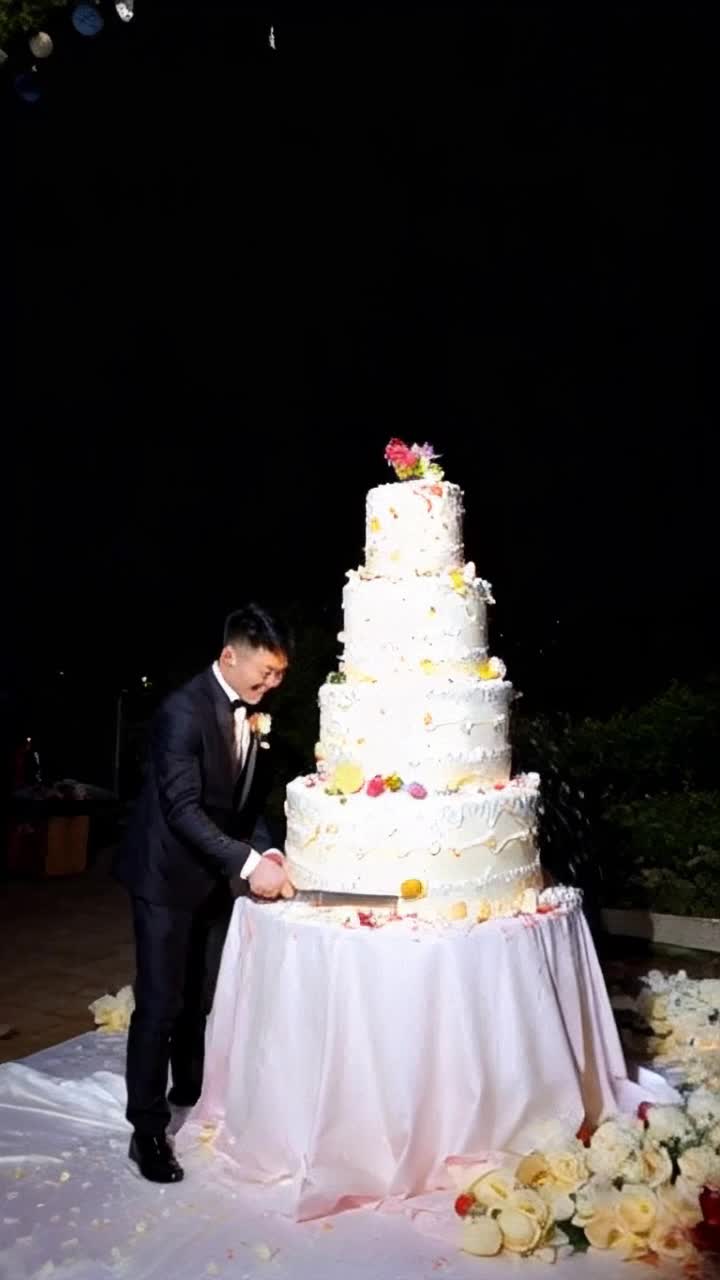 Gigantic wedding cake explodes on bride and groom