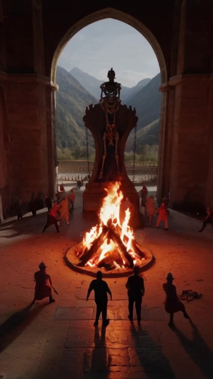 Backrooms optical illusion of a vast symettrical room, at the center a army of Jesters of countless colors dance and perform in encircling the center bon fire fueled by a massive kings throne, their kings skeleton tied to it with chains as it burns every brighter casting the jesters countless shadows into the distant mountain in background  