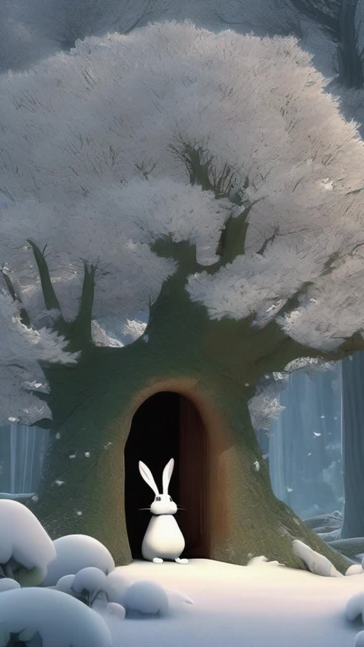 A door appears in a big tree in a snowy  forest in winter, the door opens to an entry to another realm that appears to be the same forest but it is summer and flowers are in full bloom, sun shines on the bright and dark greens of foliage and birds fly, squirrels run around the ground and on branches as a white rabbit runs out of the gray cold and  into the happy warmth