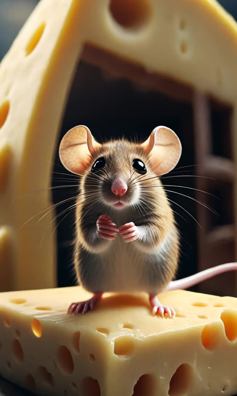  a cute little mouse is on screen, close up, and then the camera zooms out and we see the mouse is standing next to an incredibly enormous piece of cheese the size of a HUGE building