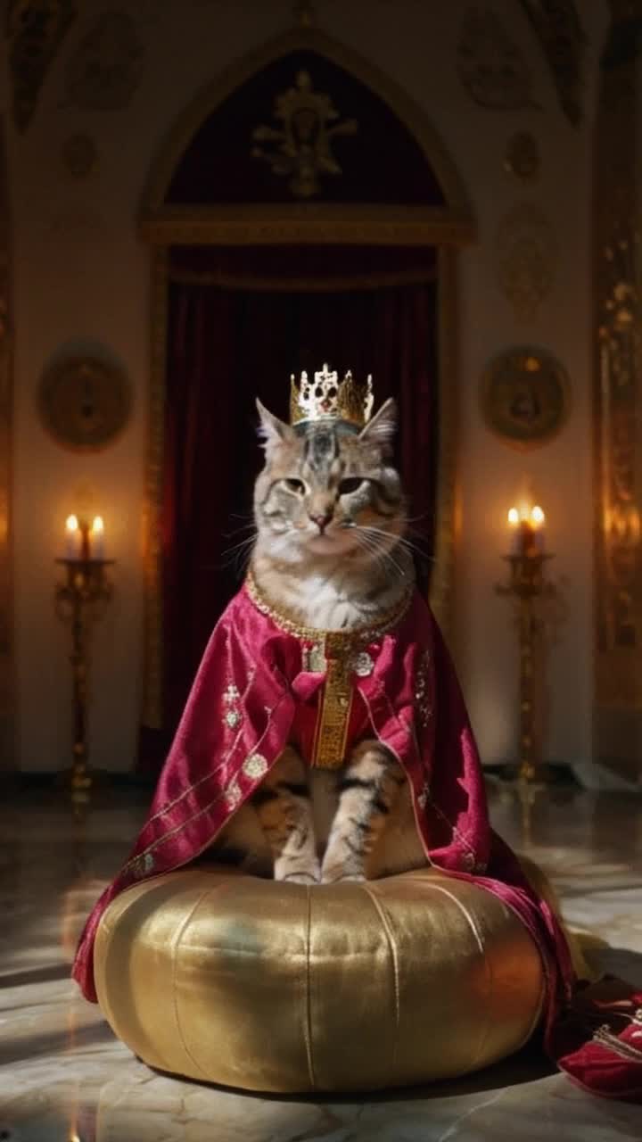 Elegant feline adorned in crimson velvet robe shimmering with gold threads regal crown sparkling with jewels sits proudly on plush golden cushion emits soft melodic purrs opulent throne room filled with luxurious tapestries glowing candlelight casting warm shadows intricate paw prints on polished marble floor majestic castle walls towering above adorned with royal insignias delightful ambiance of warmth and tranquility