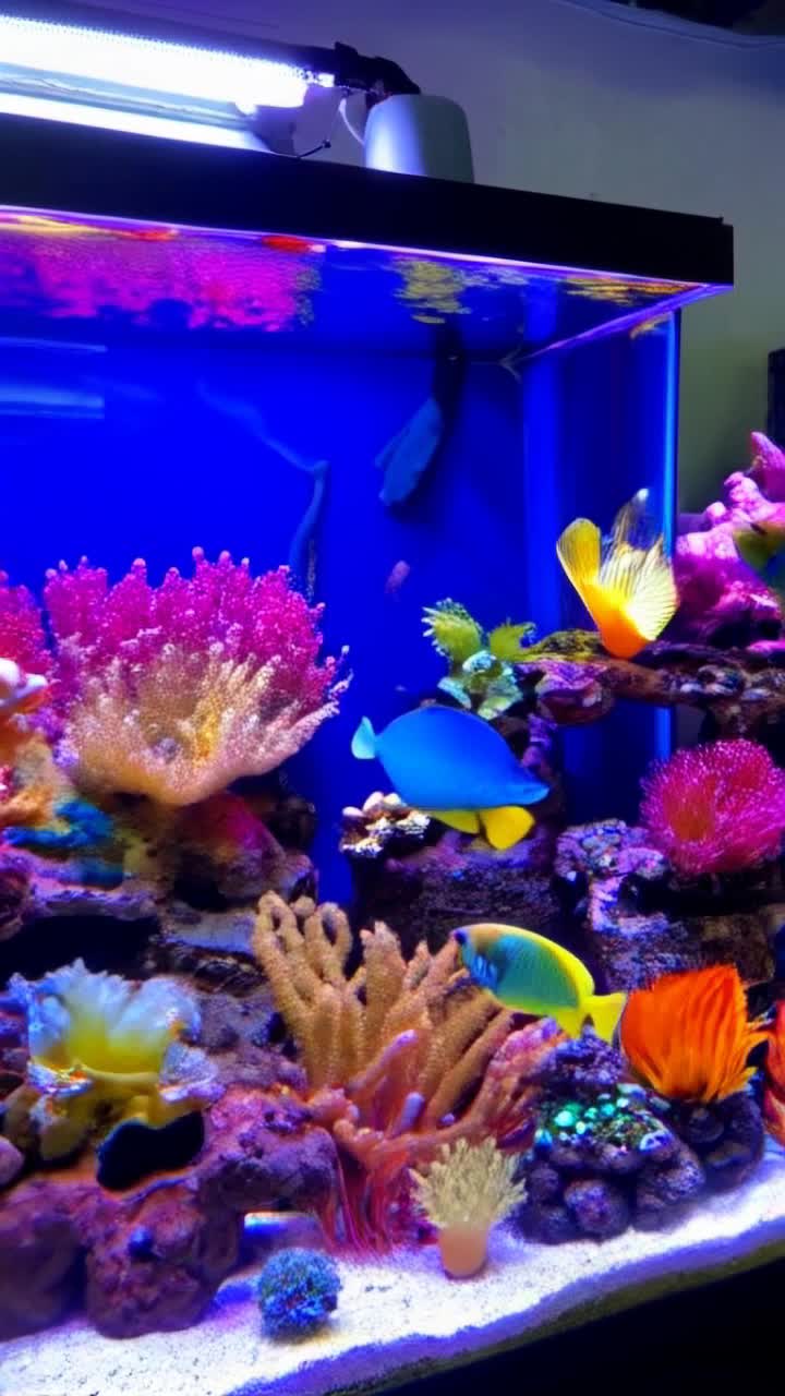A giant aquarium Saltwater tank full of vibrant colorful plant life and coral  A variety of salt water fishes  Ocellaris ClownfishRoyal GrammaFlame AngelfishYellow TangBlue Green ChromisSix Line WrasseCoral Beauty AngelfishMandarinfishLongnose HawkfishBanggai CardinalfishPajama CardinalfishPurple DottybackBlue TangGreen ChromisYellow Coris Wrasse   The tank has a pirate theme decor  Vivid hD realistic, out of this world, colorful, meamerozing