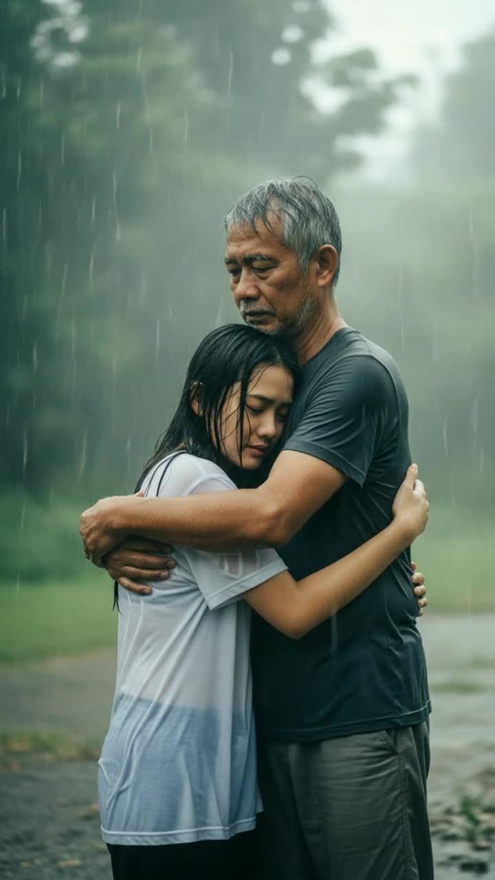 hugging their grandchildren with great care, the weather was raining very heavily, the trees were seen swaying in the wind and rain, their expressions were touching