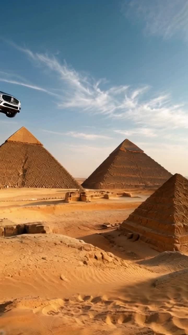 Sleek silver Mercedes resembling a majestic flying cat Gliding gracefully over ancient pyramids Bathed in golden sunlight with a vibrant blue sky and wisps of clouds Surrounding the majestic landscape of the Egyptian desert casting long shadows on warm sands where history whispers tales of old