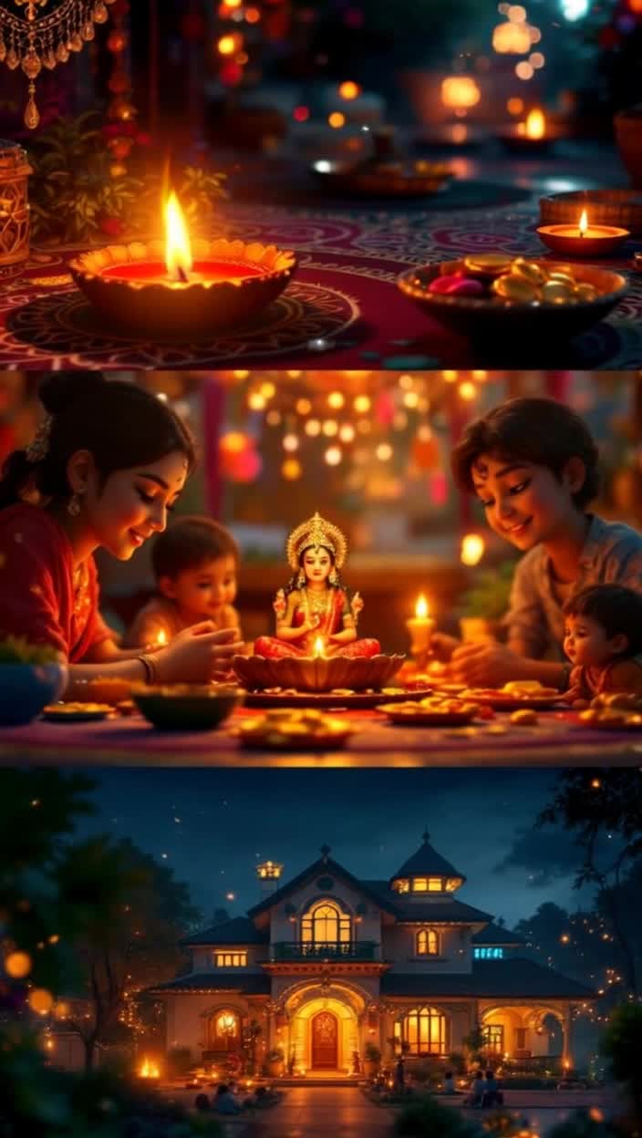 8K HD QUALITY HIGHEST REGULATION HIGH QUALITY HIGHEST QUALITY ANIMATION ANIMATED Heres a script for a Mahalakshmi Dhanalakshmithemed reel based on Diwali You can make it shorter or longer, and add music of your choice such as devotional or festive musicDiwali Mahalakshmi Dhanalakshmi Reel ScriptDuration Approximately 3045 seconds depending on the tempo and transitions of the musicMusic Upbeat, devotional Diwalithemed music Shots  Visuals  Text On Screen Text Overlay  VoiceVoiceover Optional  NotesTips  1 Opening  Closeup shot of a beautiful, glowing lamp or rangoli  None  Calm and devotional tone Welcome to that night  Hold for 23 seconds, then quickly move to the next shot   2 Transition  Some beautiful and rapidly changing shots of home decorations torans, lights, chandeliers  The Festival Arrives  When Every Corner Sparkles  Show 23 shots in quick succession, to the beat of the music  3 Mahalakshmi Invocation  A reverent shot of a puja thali in hand or an idolpicture of Mahalakshmi  Goddess Mahalakshmi  The worship of Goddess Mahalakshmi begins  Use slow motion or keep the focus on Goddess Lakshmi  4 Wealth and Prosperity  A pile of gold coins or symbolic objects, money, a new account book, or fruits and sweets  Wealth, Prosperity, and Opulence  Our Faith, Our Labor, Her Blessings  These shots represent Dhanalakshmi  5 Family and Happiness  A happy shot of family laughing or praying  Happiness and Love   This Diwali, may your home and family be showered with wealth and love  This shot should be heartwarming  6 PrayerResolution  A closeup of someone praying with folded hands or lighting a lamp  Happy Diwali  May your life be filled with auspiciousness and prosperity  Make the text large on the screen for a moment  7 Closing  A beautifully lit shot of the entire house  Diwali2024 Mahalaxmi Dhanlaxmi HappyDiwali  The music builds up and ends  Hold for 35 seconds, depending on the length of the reel Some tips for creating a reel Music Make sure the music is copyrightfree or has permission to use it for the reel Devotional or filmy Diwali music is a good choice  Transitions Use quick and engaging transitions like zooms or slides between shots to keep the Reel moving Lighting Use natural or warm lighting to create a beautiful and divine atmosphere Tags When uploading your Reel, be sure to use hashtags like Diwali2025, MahaLaxmi, DhanLaxmi, Deepawali, FestiveVibes Call to Action Ask viewers how theyre celebrating Diwali in the caption to increase engagement