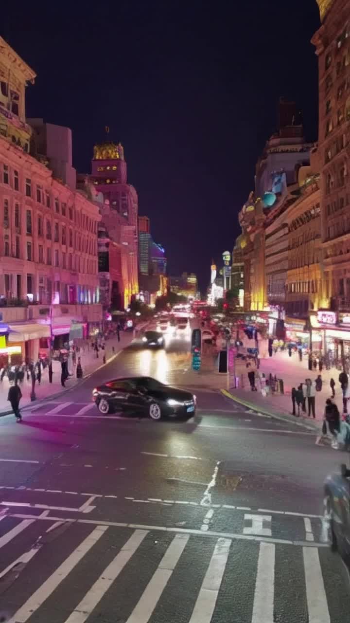 Shimmering city skyline adorned with dazzling lights reflecting off sleek cars gliding through bustling streets Neon signs flickering illuminating vibrant storefronts as diverse pedestrians stroll by Music thumping from nearby clubs creating an energetic atmosphere while vivid headlights cut through the darkness casting dramatic shadows on the pavement