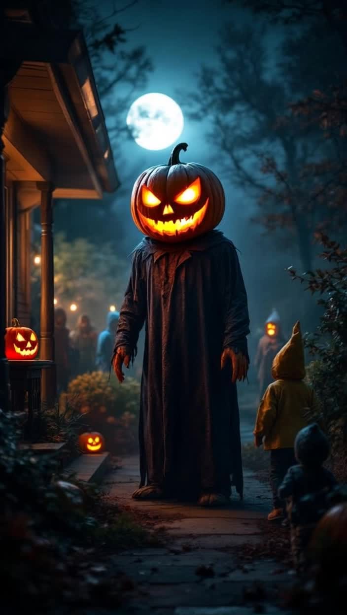 the anthropomorphic jackolantern laughs at the scared trick or treaters who are backing away slowly