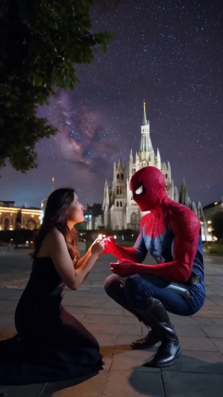 C9Vibrant Spiderman kneeling with a glimmering ring in hand gazing adoringly at a stunning lady with a surprised expression her eyes sparkling with joy and wonder St Patricks Cathedral elegantly illuminated in the background under a starlit sky a light breeze rustles nearby leaves city skyline creating a magical romantic atmosphere as the moment unfolds