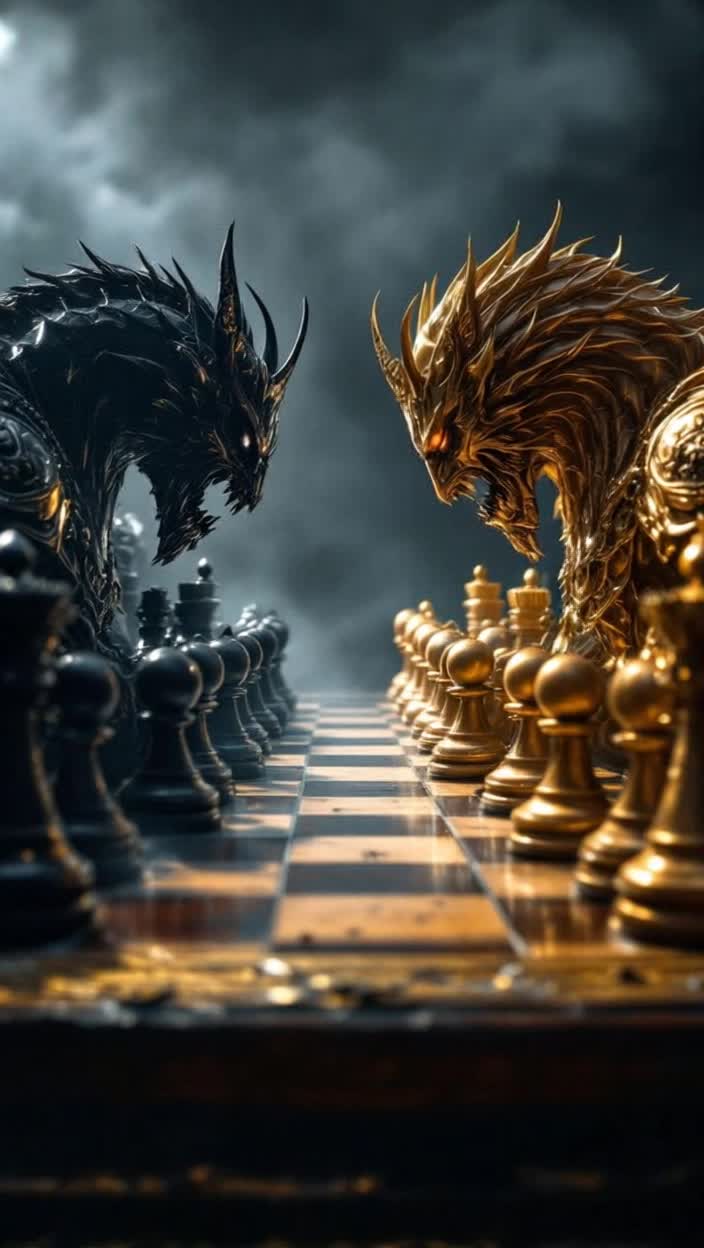 A chess game, black vs gold with each side slaying each other