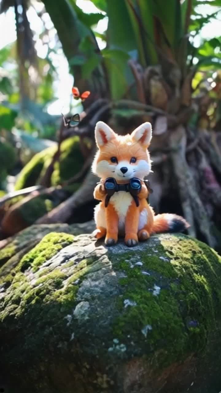  A cute fox plushie in the wild jungle, wearing a tiny safari hat, little binoculars, and a small backpack The plushie is sitting on a mossy rock surrounded by lush tropical plants, vines, colorful butterflies, and soft sunlight filtering through the canopy The scene is vibrant, whimsical, and full of playful wild energy