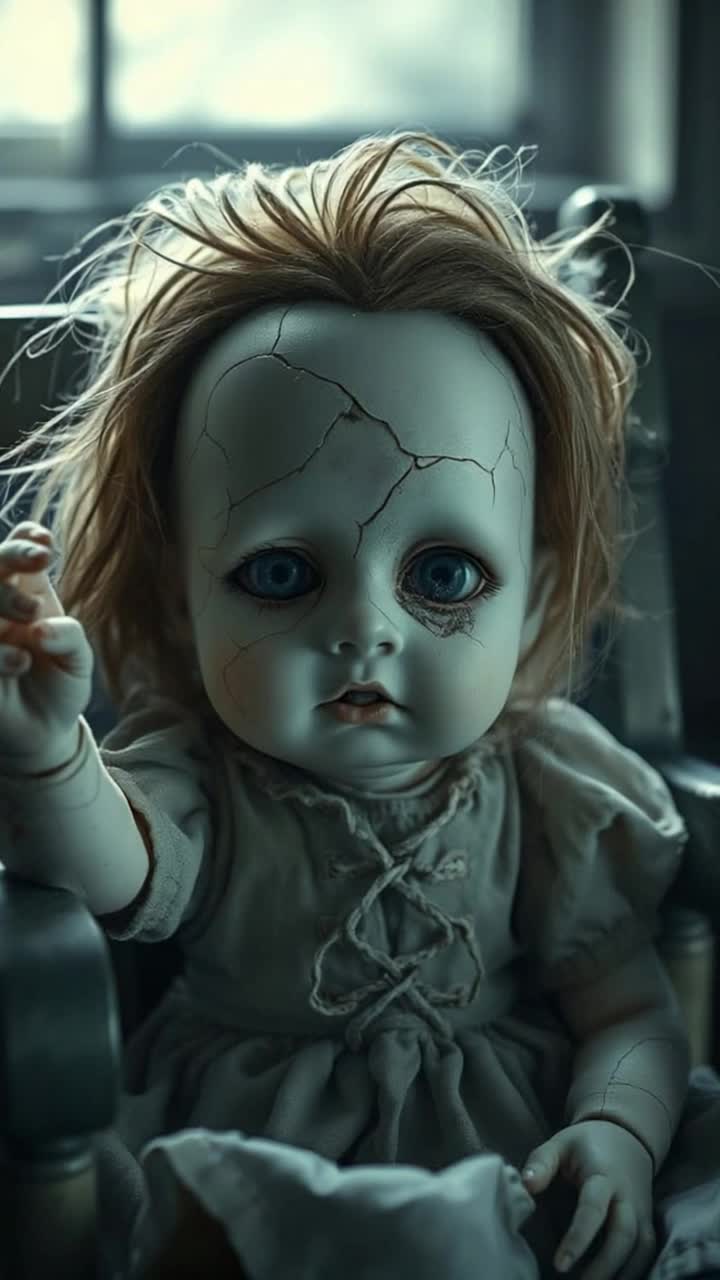 A closeup of a cracked porcelain doll sitting upright in a dustladen childs chair Its face is pale and ghostly, eyes faded to a milky gray, one pupil missing The expression is frozen in a silent, haunting gazeneither warm nor cold, only empty Wisps of cobwebs cling to its tangled hair, and one arm hangs askew, as if reaching In the background, the suggestion of childlike laughter echoes faintlybut no one is there The atmosphere is chilling, gothic, and mournful