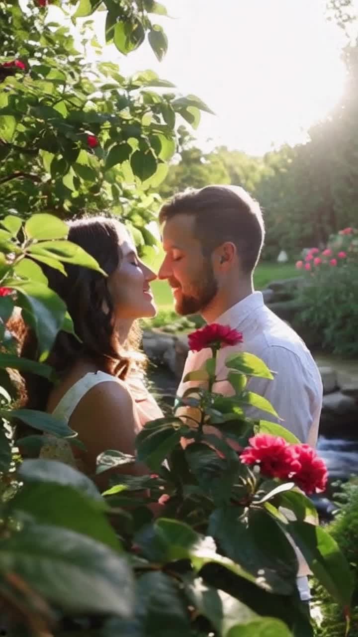 Two lovers embrace passionately, their lips gently meeting in a soft kiss, eyes closed in bliss Warm sunlight filters through lush green leaves, casting dappled light on their entwined figures Surrounding them, vibrant flowers bloom in a colorful garden, adding a romantic atmosphere A gentle breeze rustles through the foliage, carrying the sweet scent of blossoms, enhancing the intimacy of the moment In the background, the soft sound of a nearby stream creates a serene melody, enveloping the scene in tranquility Wisps of cloud drift lazily across a clear blue sky, completing this picturesque setting of love and connection