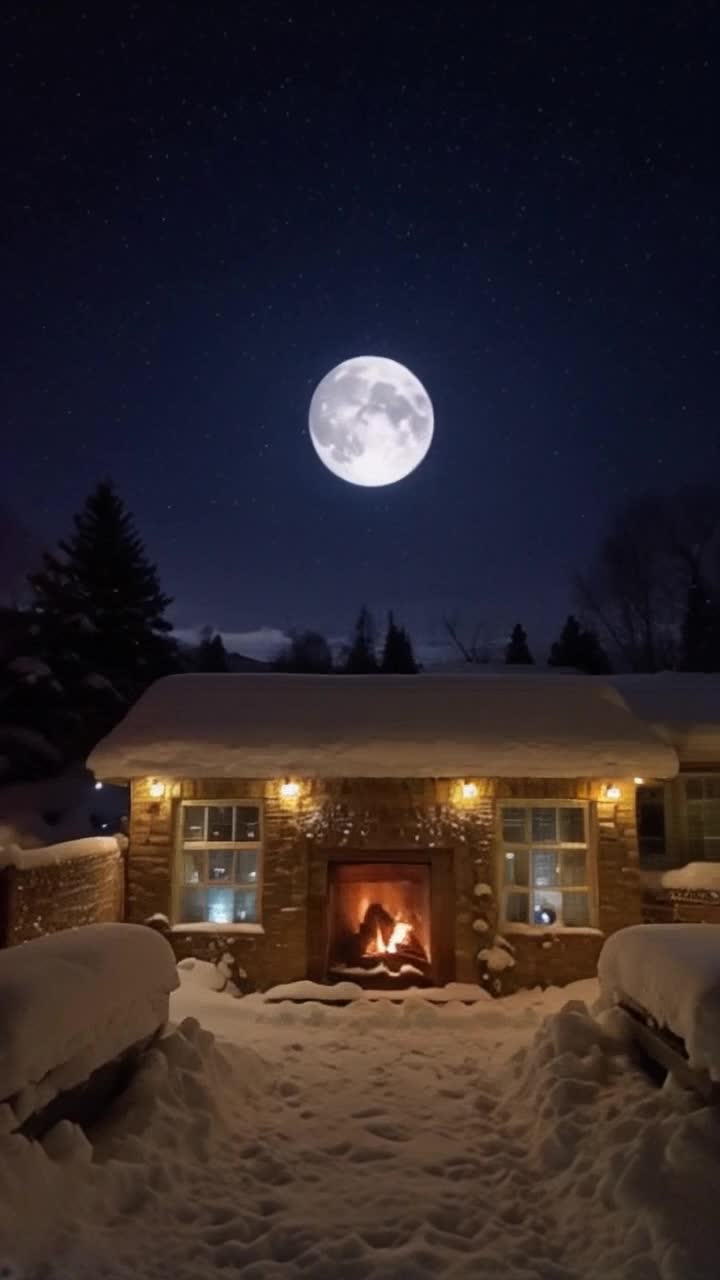 A cozy living room, glowing fireplace, xmas lights aligning the windows, the moonlight shines through the window, banks of snow are seen outside of the windows, brisk winds blow and make the snow drift, a cold moonlit night, description by csherriereevoices 