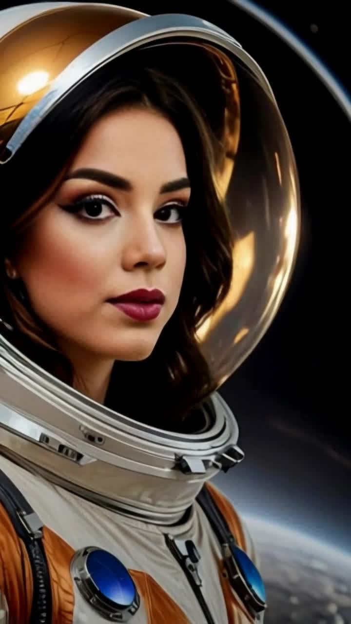 Graceful astronaut woman gliding effortlessly through the cosmos Wrapped in a sleek silver suit shimmering under starlight Surrounded by a breathtaking tapestry of swirling galaxies and distant planets Neon auroras dancing in the background illuminating her serene expression as she reaches out to touch a drifting celestial body Weightlessness enhancing her elegance creating a mesmerizing ballet among the stars
