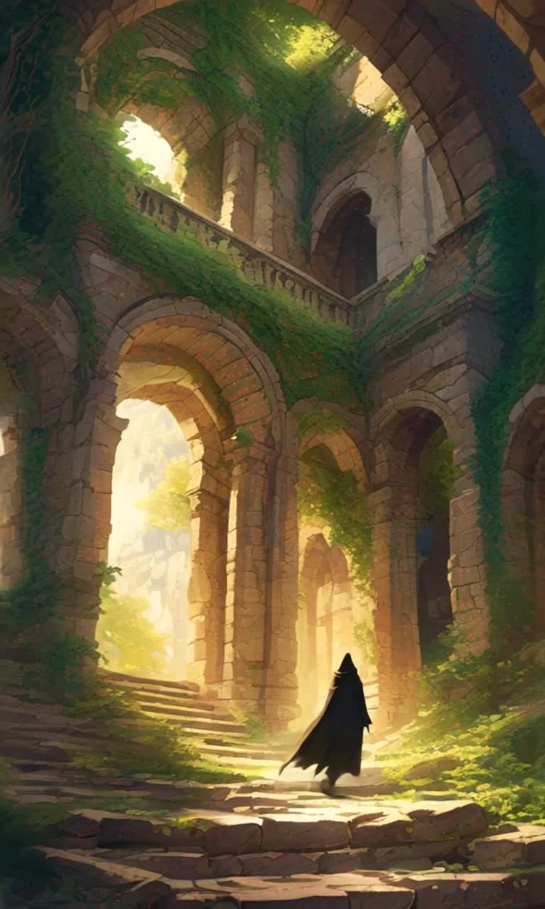 Mysterious cloaked figure gliding swiftly through crumbling ancient ruins vibrant with wild greenery cracked stone walls adorned with ivy shadows dancing as twilight descends. Energy pulsates in the air illuminating hidden pathways searching fervently for glinting treasure amid scattered relics of a once-thriving civilization. Warm golden sunlight filters through broken arches casting elongated shadows sparks of adventure igniting the atmosphere electric anticipation in every movement whispers of secrets waiting to be uncovered