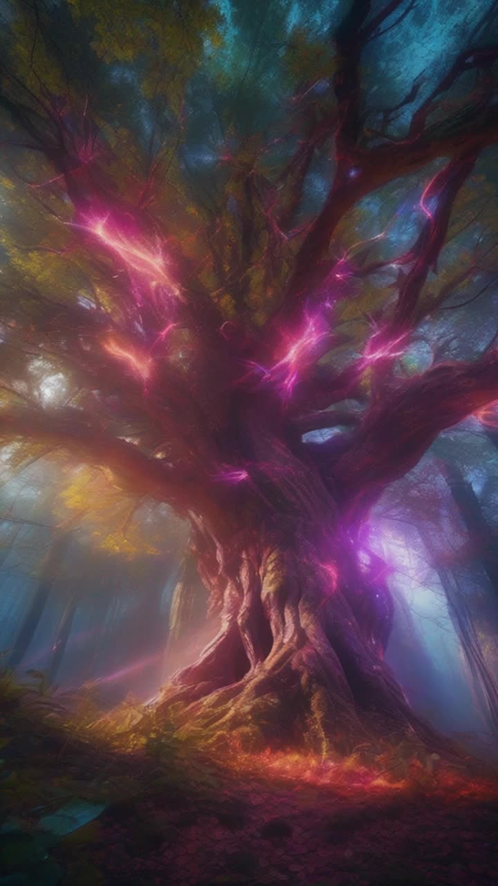 Chosen warrior radiating electric energy unleashes pulse of blinding light sending nearest demon sprawling vanishing in brilliant flash of dazzling colors Sacred forest glimmering with ethereal glow ancient trees towering overhead vibrant flora pulsating in harmony with high vibrations