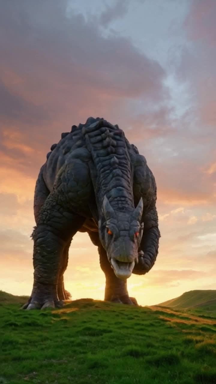 Monstrous giant towering over landscape  Leaning low with an air of curiosity  Surrounded by sprawling emerald hills beneath a vivid sunset sky