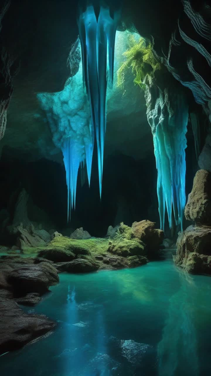 Exploring a dimly lit underground cave teeming with glistening stalactites and stalagmites Following a camera gliding smoothly over rocky surfaces illuminating hidden crevices and shimmering pools of water Surreal shadows and echoing sounds of dripping water create a mystical atmosphere as vibrant minerals sparkling in hues of blue and green catch the light illuminating the path ahead