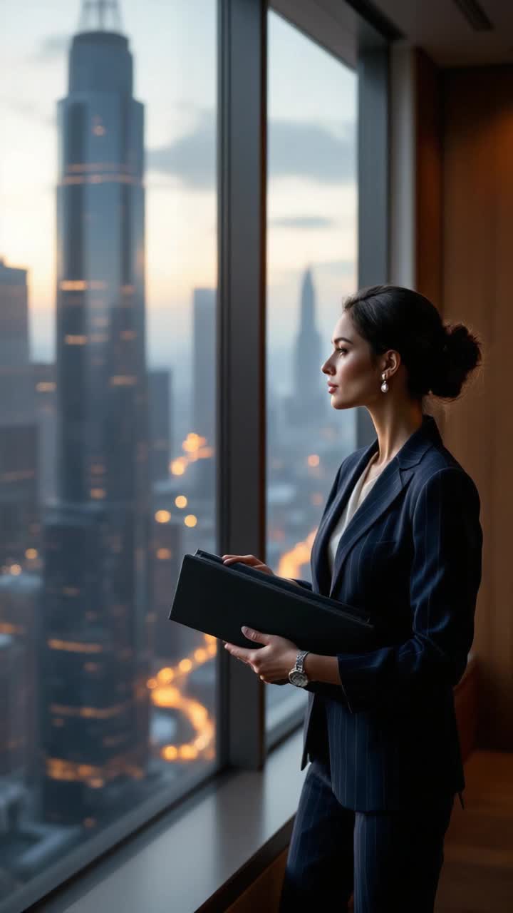 A cinematic sequence opens in a sleek, modern cityscape at dawn The camera glides over glass skyscrapers reflecting the soft amber light of morning Cut to a highrise office window where a woman stands silhouetted against the skyline Shes in her early 40s, with sharp cheekbones, warm brown eyes, and a calm, commanding presence Her tailored navyblue suit fits impeccablystructured shoulders, subtle pinstripes, and a silk blouse in ivory beneath Her hair is pulled into a low, elegant bun She wears minimal jewelry a silver watch, small pearl earrings, and a wedding band The atmosphere is quiet, contemplativeThe camera slowly zooms in as she turns from the window, revealing a spacious office with minimalist decorglass desk, leather chair, a few framed photos of family and past achievements She walks with purpose, heels clicking softly on polished wood floors A soft piano score begins to play She picks up a folder labeled Merger Proposal, glances at it, then sets it down Her expression shiftsthoughtful, resoluteCut to a flashback the same woman ten years earlier, in a crowded subway station Shes younger, dressed in a budget suit, clutching a briefcase and a coffee Shes visibly nervous, scanning a job offer letter The scene is noisy, chaotic, full of motion She steps onto the train, surrounded by strangers, her eyes filled with hope and uncertaintyBack to present she walks into a boardroom where a dozen executives await The room is filled with tension She greets them with a nod, places her notes on the table, and begins to speak Her voice is calm, confident As she presents, the camera cuts between closeups of her face, her gestures, and the reactions of the roomsome skeptical, some impressed Her words are clear, persuasive, backed by data and visionIntercut scenes show her preparing late at nightreading documents, videocalling her daughter to say goodnight, sipping tea while reviewing spreadsheets Her home is cozy, filled with warmth childrens drawings on the fridge, a golden retriever curled up nearby, a partner asleep on the couch These moments contrast her professional intensity with personal tendernessBack in the boardroom, she finishes her presentation Silence Then applause One executive stands to shake her hand The camera lingers on her facerelief, pride, a quiet smile She exits the room, walking down the hallway with sunlight streaming through the windows Her reflection in the glass shows both the woman she is and the journey shes takenFinal scene she returns to her office, removes her blazer, and sits at her desk She opens a drawer and pulls out the old job offer letter from the subway scene She reads it, folds it carefully, and places it beside a framed photo of her daughter The piano music swells She looks out the window again, the city alive beneath her, and breathes deeplyFade to black