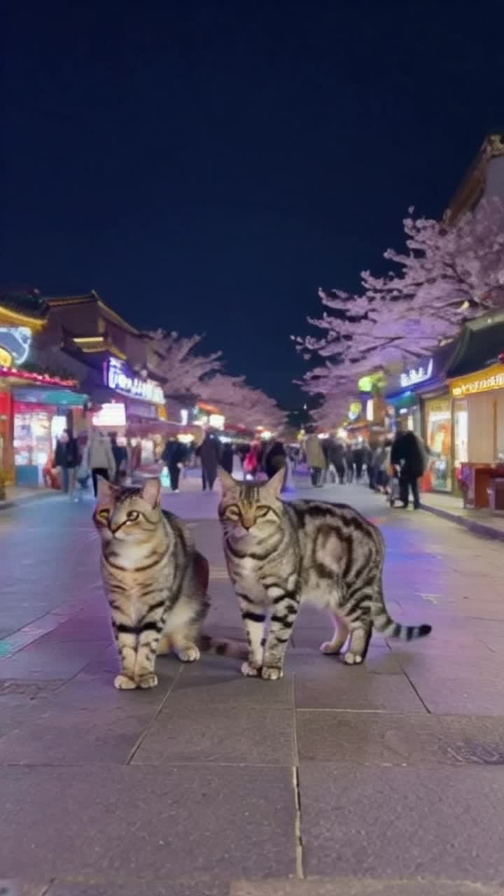 Sleek tabby cats strut confidently down vibrant neonlit streets sparkling with energy Soft paws tread on smooth pavement illuminated by glowing signs with passages of excited pedestrians Urban backdrop features towering skyscrapers draped in colorful advertisements while cherry blossom trees softly sway in the gentle breeze Twilight sky casts a mystical hue transforming Tokyo into a mesmerizing feline runway Cats leap gracefully onto low walls pausing to survey their bustling kingdom dotted with food stalls and cozy cafes inviting curious onlookers to marvel at their elegant presence